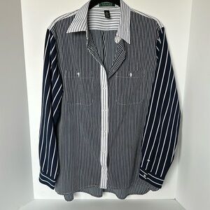 Lauren Ralph Lauren Vertical Stripe Long Sleeve Button Front Blouse Navy & White